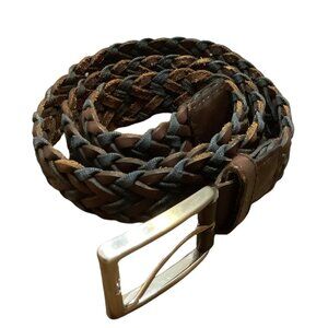 Vtg Braided Leather & Fabric Belt Buckle Brown Blue Men Waist to 39" Adjustable